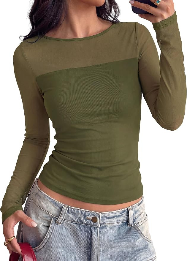 PRETTYGARDEN Women's Sheer Mesh Long Sleeve Going Out Tops | Amazon (US)