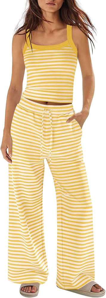 Panadila Womens Two Piece Sets Summer Striped Lounge Set Spaghetti Strap Tank Top Drawstring Pant... | Amazon (US)