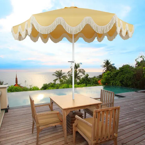 Collins Bohemian Fringe Outdoor Patio Umbrella with Crank Lift and Tilt, Scalloped UV-Resistant C... | Bed Bath & Beyond