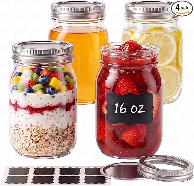 Mason Jars with Airtight Lids,16oz Wide Mouth Food Grade Glass Canning Jars,Food Storage Leak-Pro... | Amazon (US)