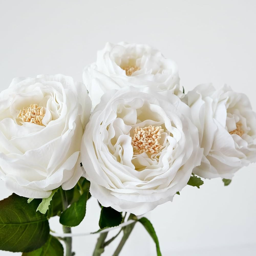 4PCS White Rose Faux Flowers Realistic Real Touch Petal Fake Roses Silk Peony Long Stem 3.5" Larg... | Amazon (US)