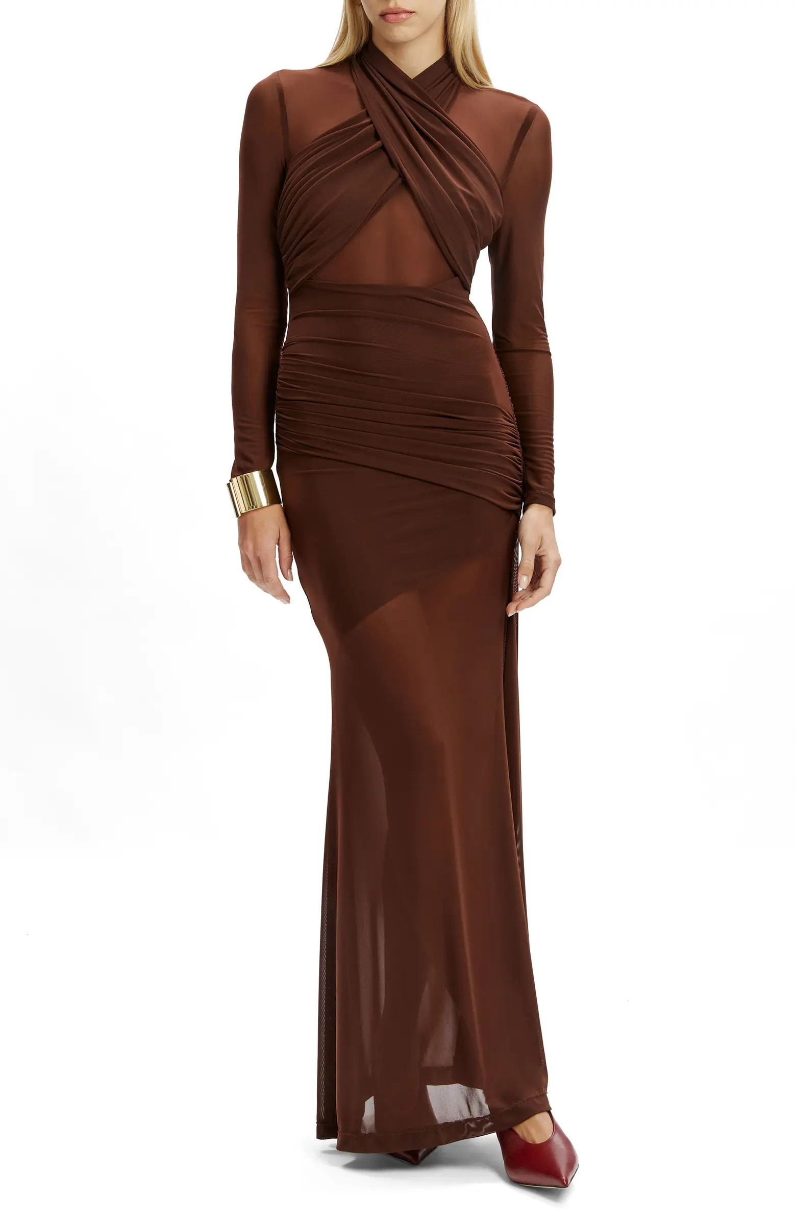 Marice Wrap Long Sleeve Mesh Maxi Dress | Nordstrom