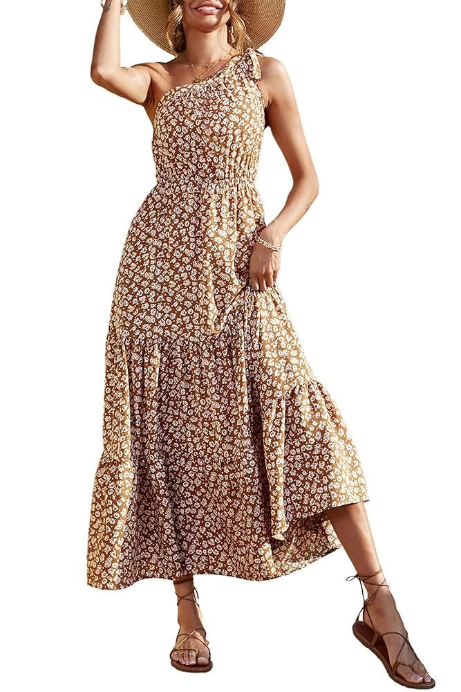 PRETTYGARDEN Women's Summer Floral One Shoulder Maxi Dress Knot Ruffle Boho Beach Vacation Weddin... | Amazon (US)