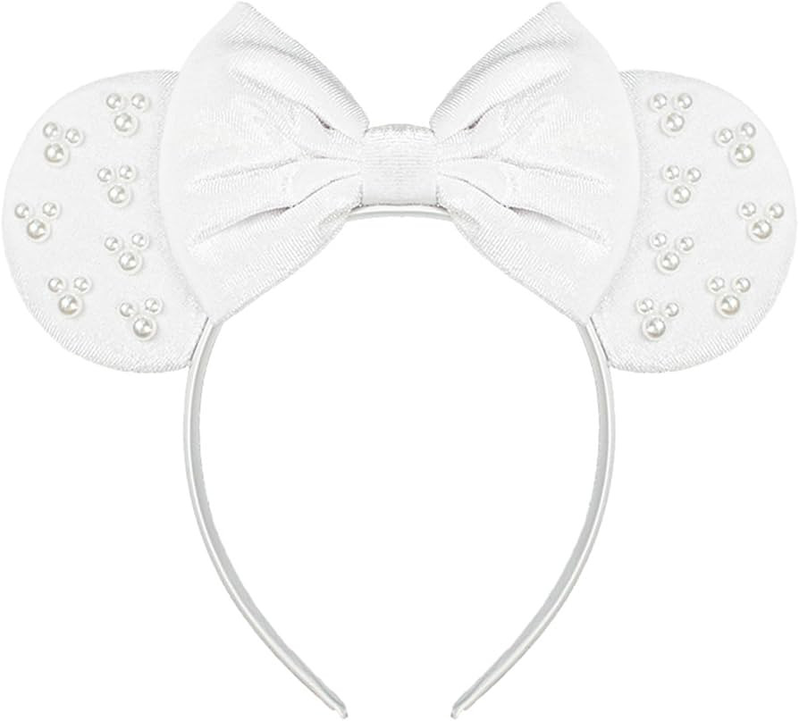 JIAHANG White Velvet Mouse Ears Hair Bow Headband with Pearls, Party Decoration Beadings Headwear... | Amazon (US)