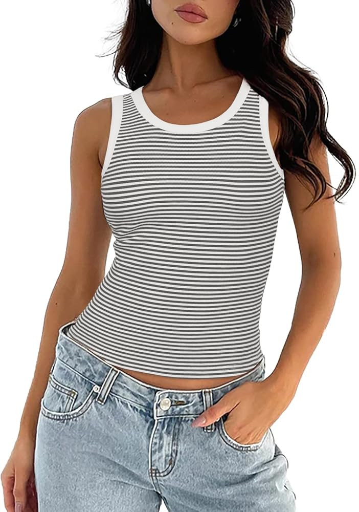 Darong Women's Summer Sleeveless Tank Top Striped Form Fitting Crew Neck Ribbed Knit Basic Cami S... | Amazon (US)