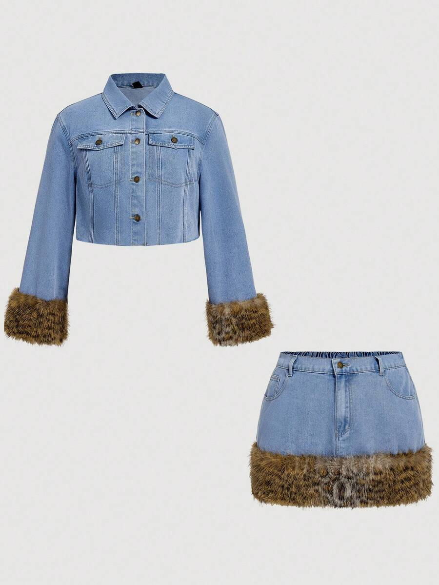 SHEIN MOD Plus Size Women Faux Fur Cuff Single-Breasted Jacket And Denim Skirt 2 Pieces Set 2 Pie... | SHEIN