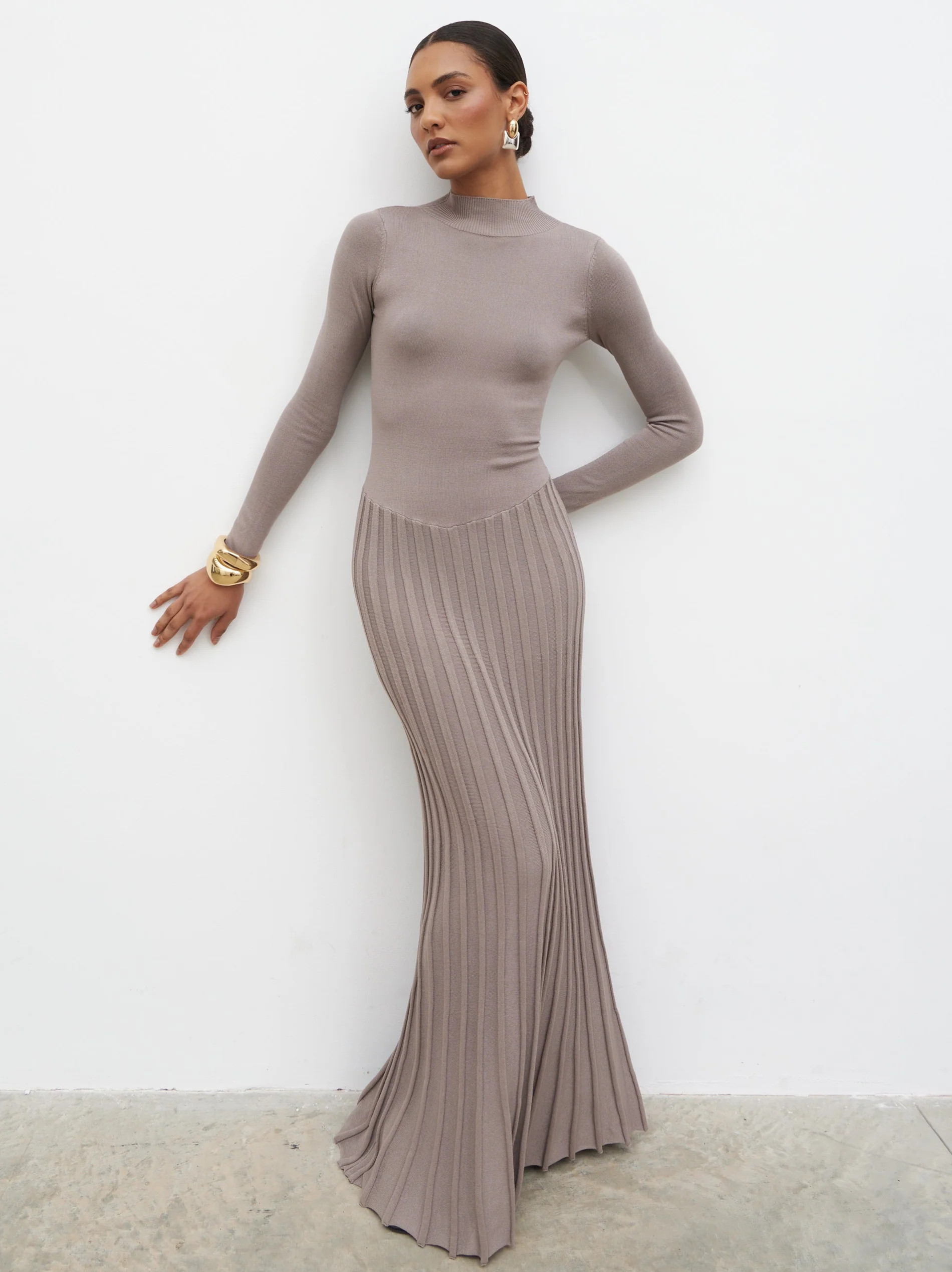 Gloria Fine Knit Pleated Maxi Dress - Dark Taupe | Pretty Lavish (UK)