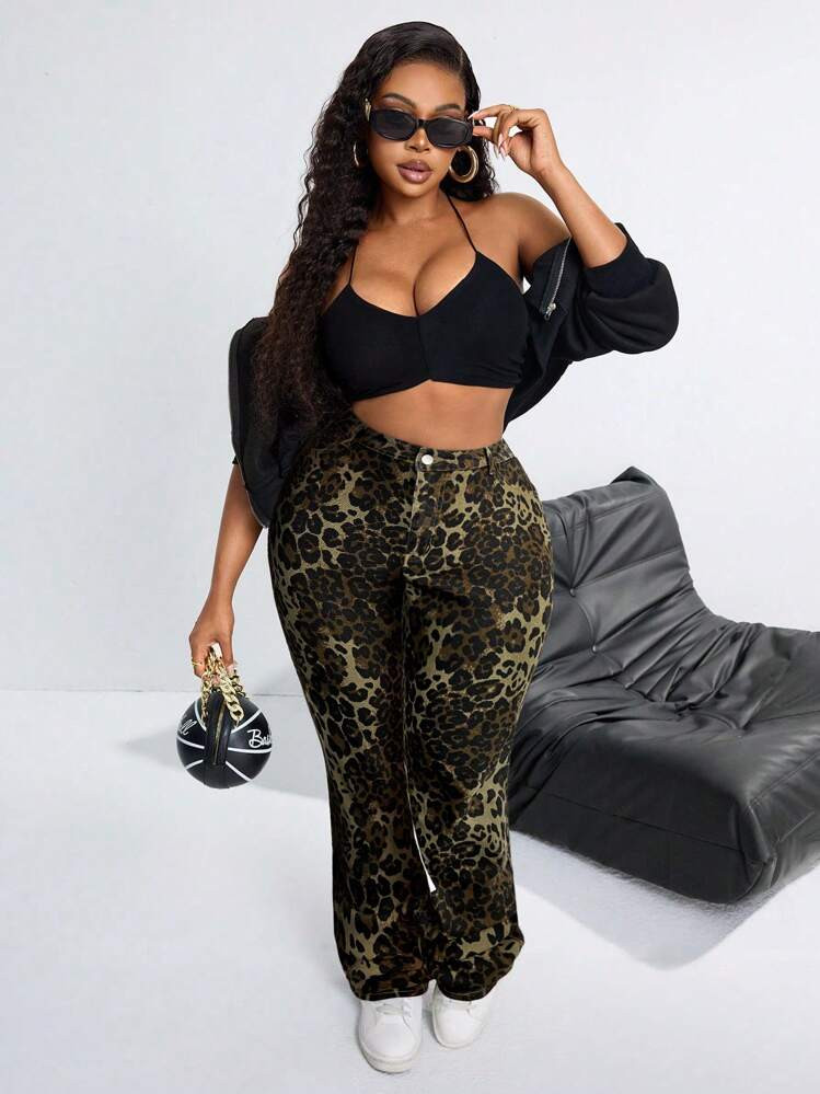 SHEIN SXY Plus Size Denim Leopard Print Stretch Leggings | SHEIN