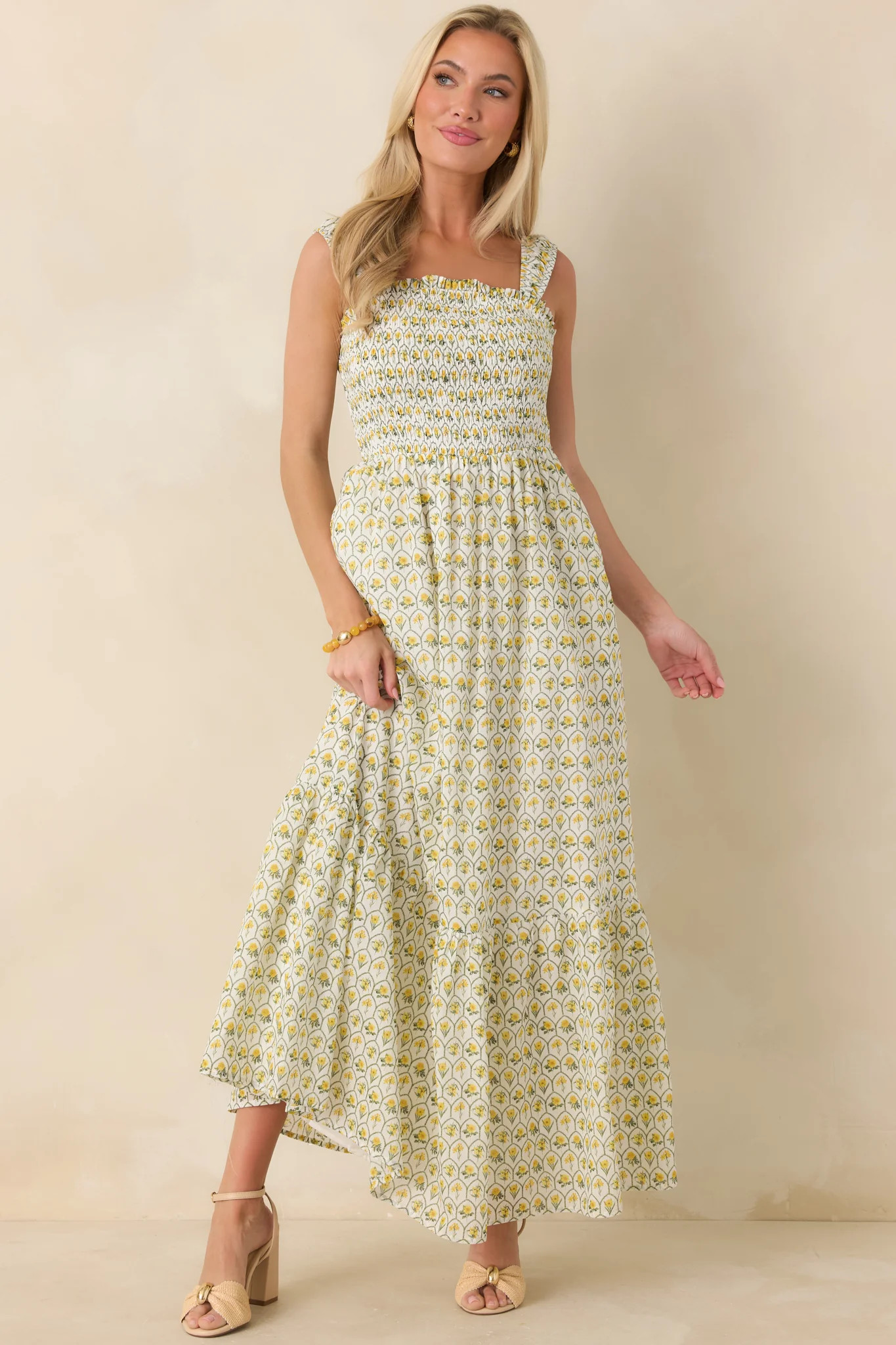 Pretty Unbothered Yellow Multi Floral Cotton Tiered Maxi Dress | Red Dress