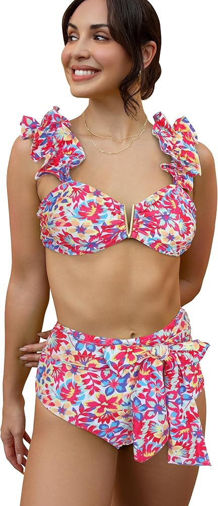 SPORLIKE Women High Waisted Swimsuit Flounce Straps Bikini Bathing Suit | Amazon (US)