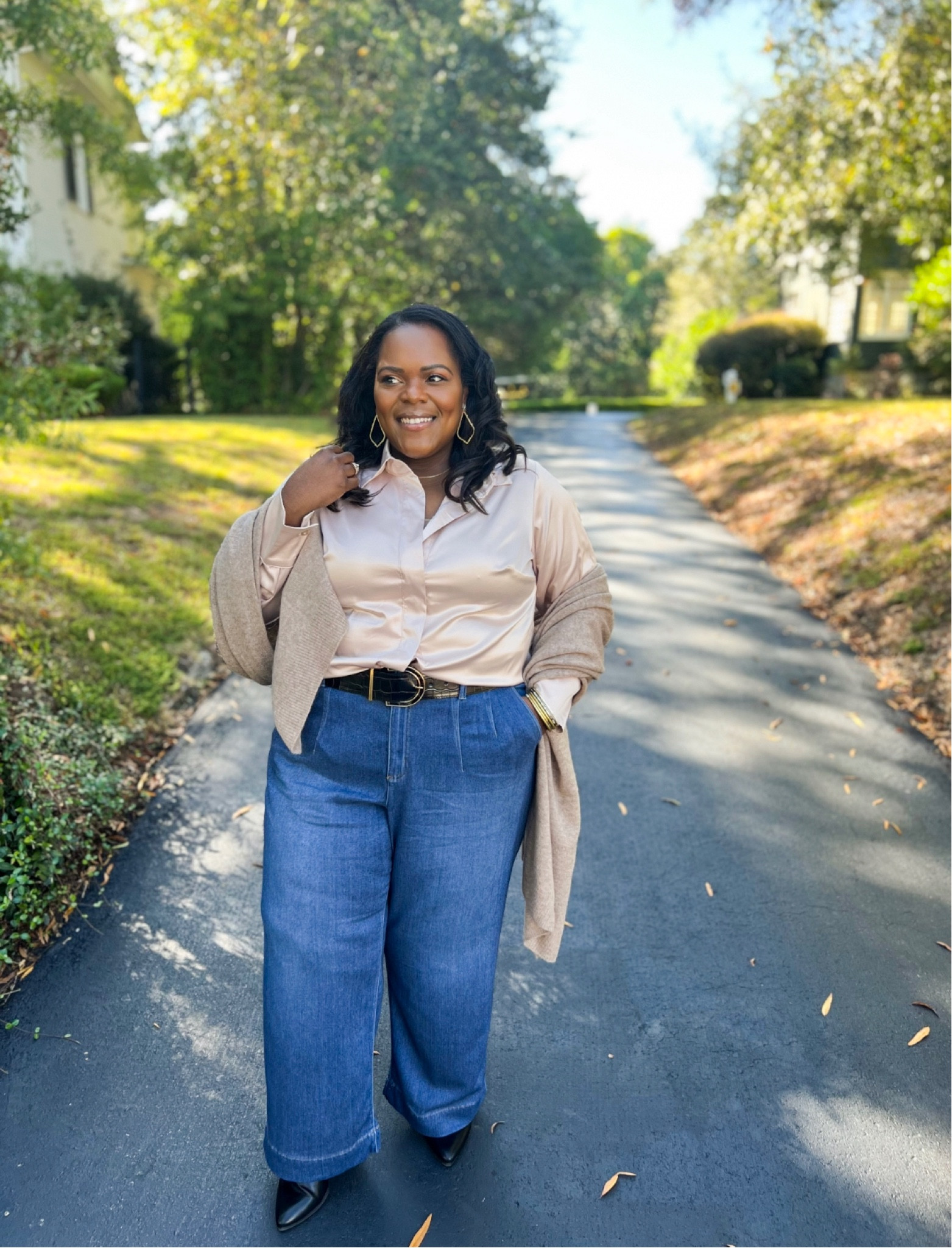 Plus size jeans | satin shirts | cashmere wrap | neutral outfit | Lane Bryant 

#LTKplussize #LTKstyletip #LTKworkwear