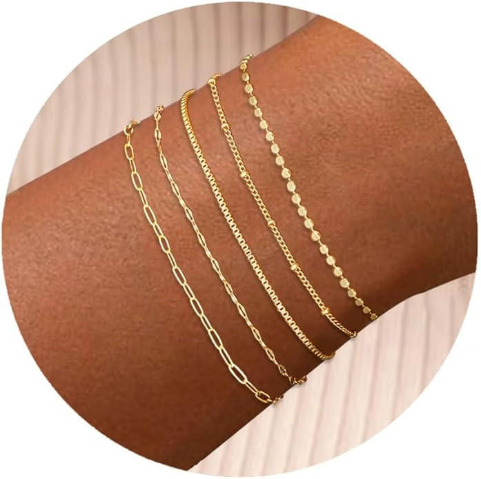 5 Pcs Gold Chain Bracelets Stack Set for Women Trendy, Dainty 14K Gold Plated Satellite Bracelet ... | Amazon (US)
