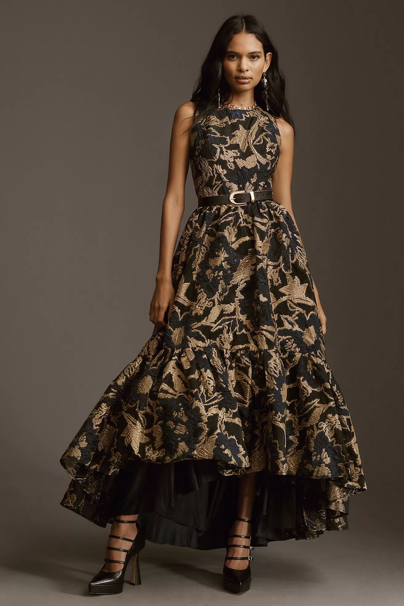 Mac Duggal Sleeveless Brocade Ruffled High-Low Maxi Dress | Anthropologie (US)