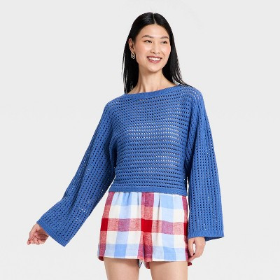 Women's Oversized Stitch Crewneck Pullover Sweater - A New Day™ Blue XS | Target