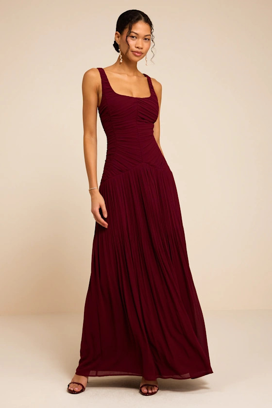 Rhonda Burgundy Pleated Drop Waist Maxi Dress | Lulus