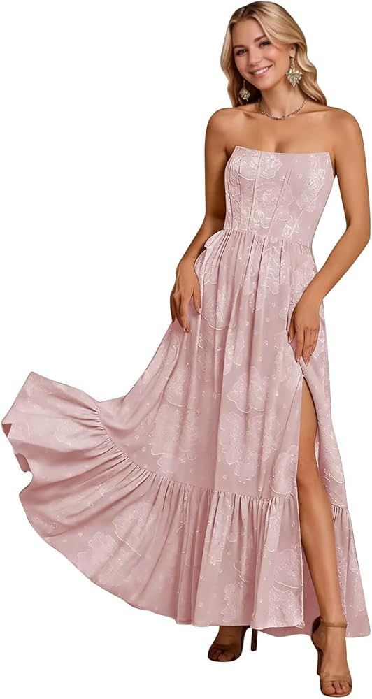 Monlity Jacquard Cocktail Dresses Midi Strapless Front Slit Prom Dress A Line Formal Evening Gown... | Amazon (US)
