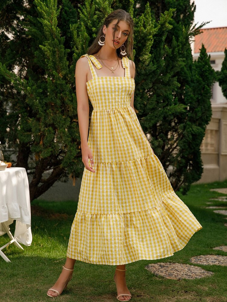 Gingham Tie Shoulder Ruffle Hem Cami Dress | SHEIN