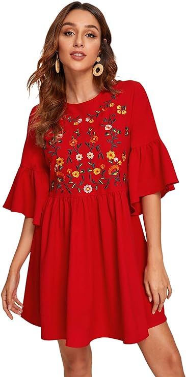 Floerns Women's Embroidered Floral Bell Sleeve A Line Tunic Dress | Amazon (US)
