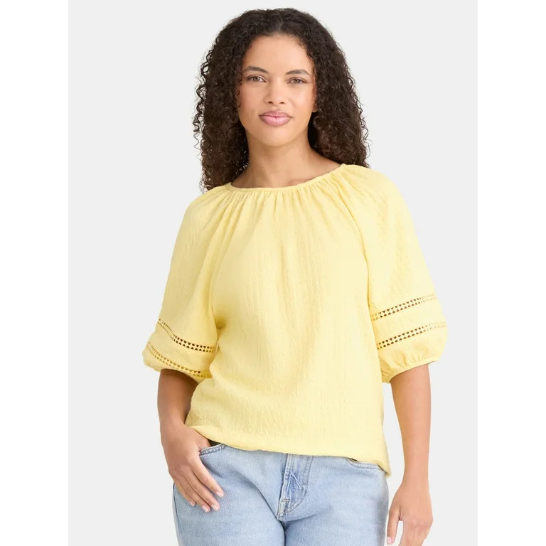 Time and Tru Women's Lace Trim Top with Puff Sleeves, Sizes XS-XXXL | Walmart (US)