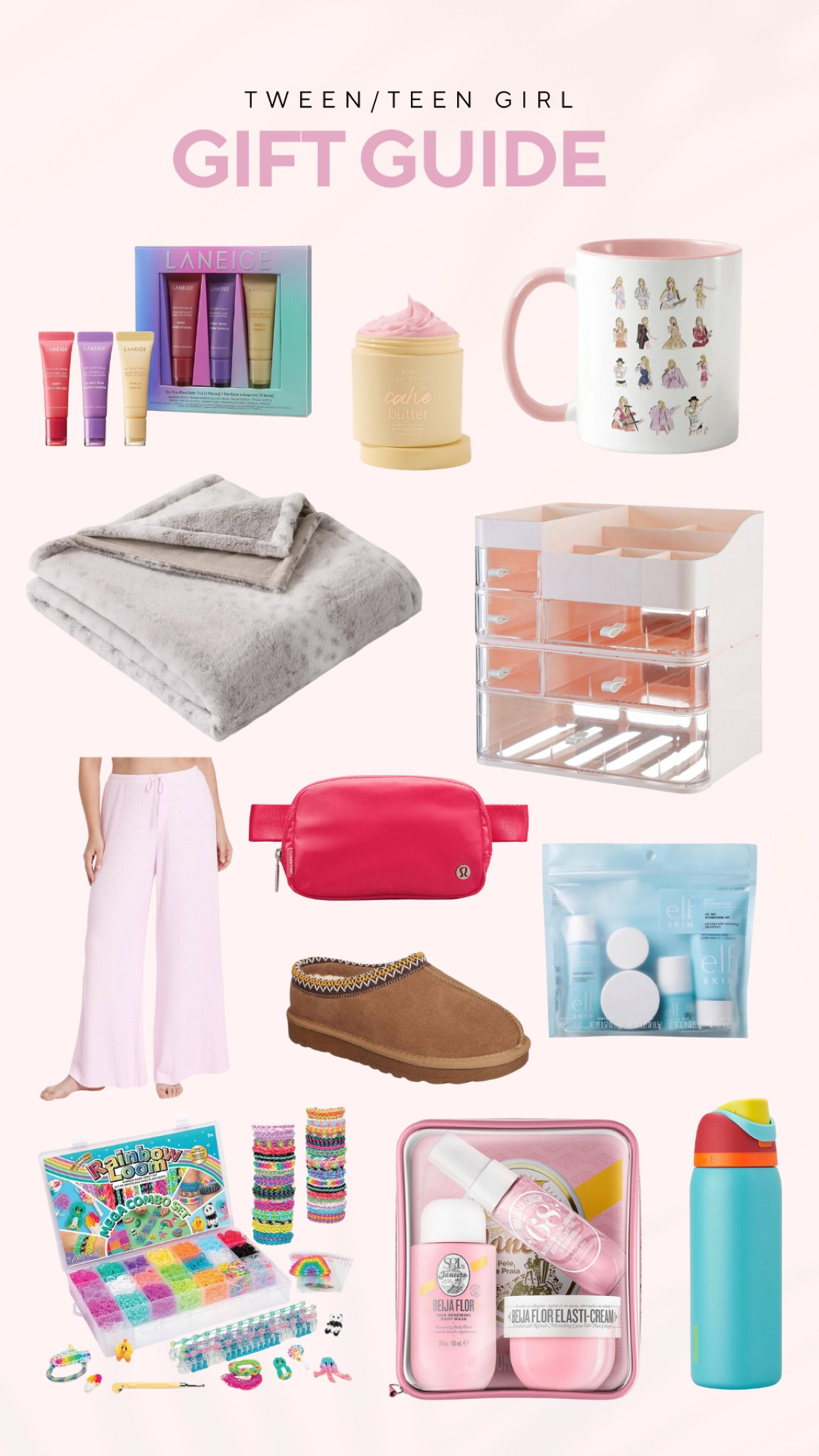 Trendy tween and teen approved gift guide! Some of these requested by my own daughter!😂 Size down on the lounge pants, they run very large. Ugg tasman slipper dupe for a fraction of the price! Tween favorite skin care and cosmetic organizer. Affordable super soft faux fur throw. Lululemon belt bag on sale! Taylor swift eras tour mug to enjoy hot chocolate or soup throughout with winter-so cute! Rainbow loom is also a favorite! 

#LTKKids #LTKGiftGuide #LTKHoliday