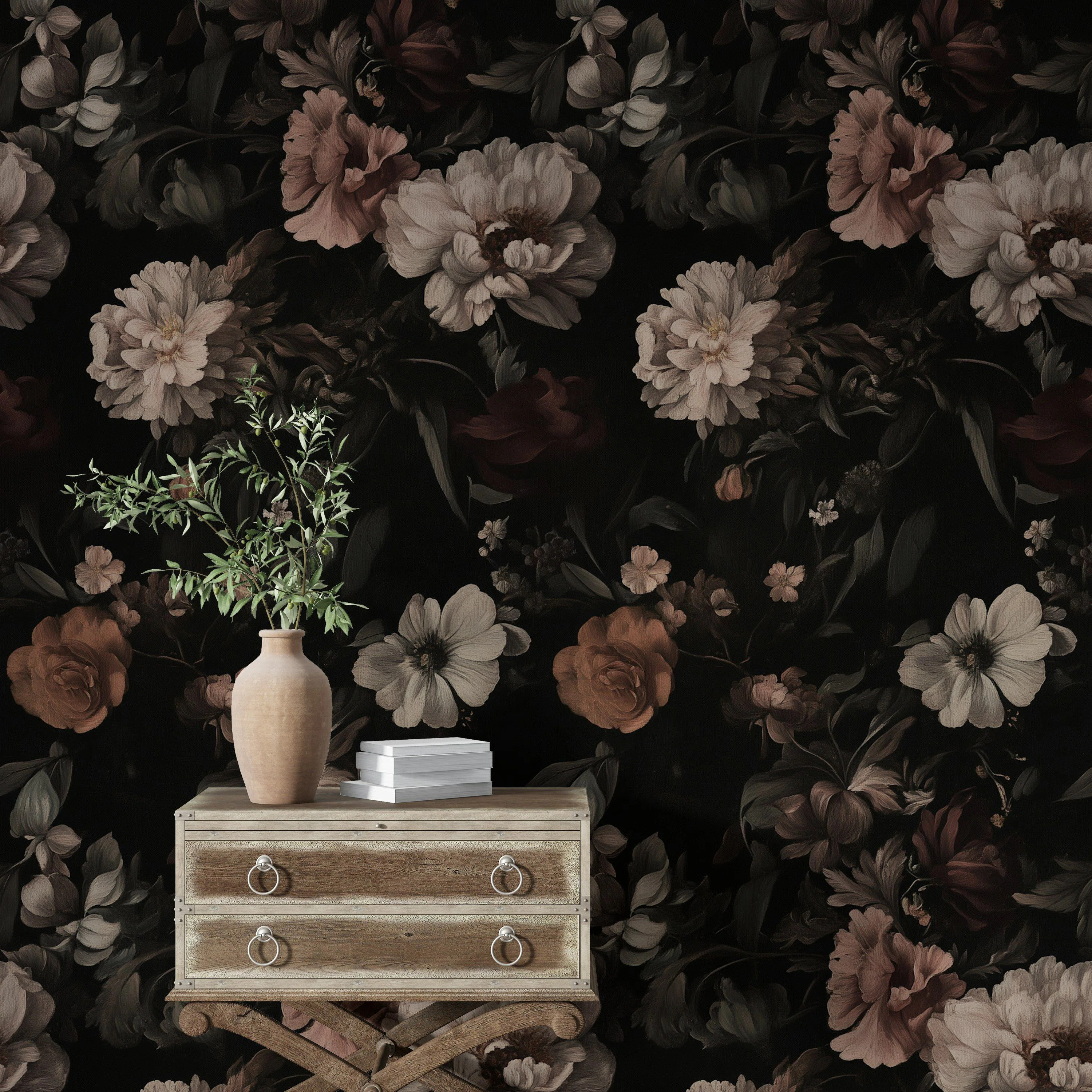 Dark Floral Wallpaper Moody Still Life Flower Mural Elegant Black Background Peel and Stick Roll | Wayfair North America