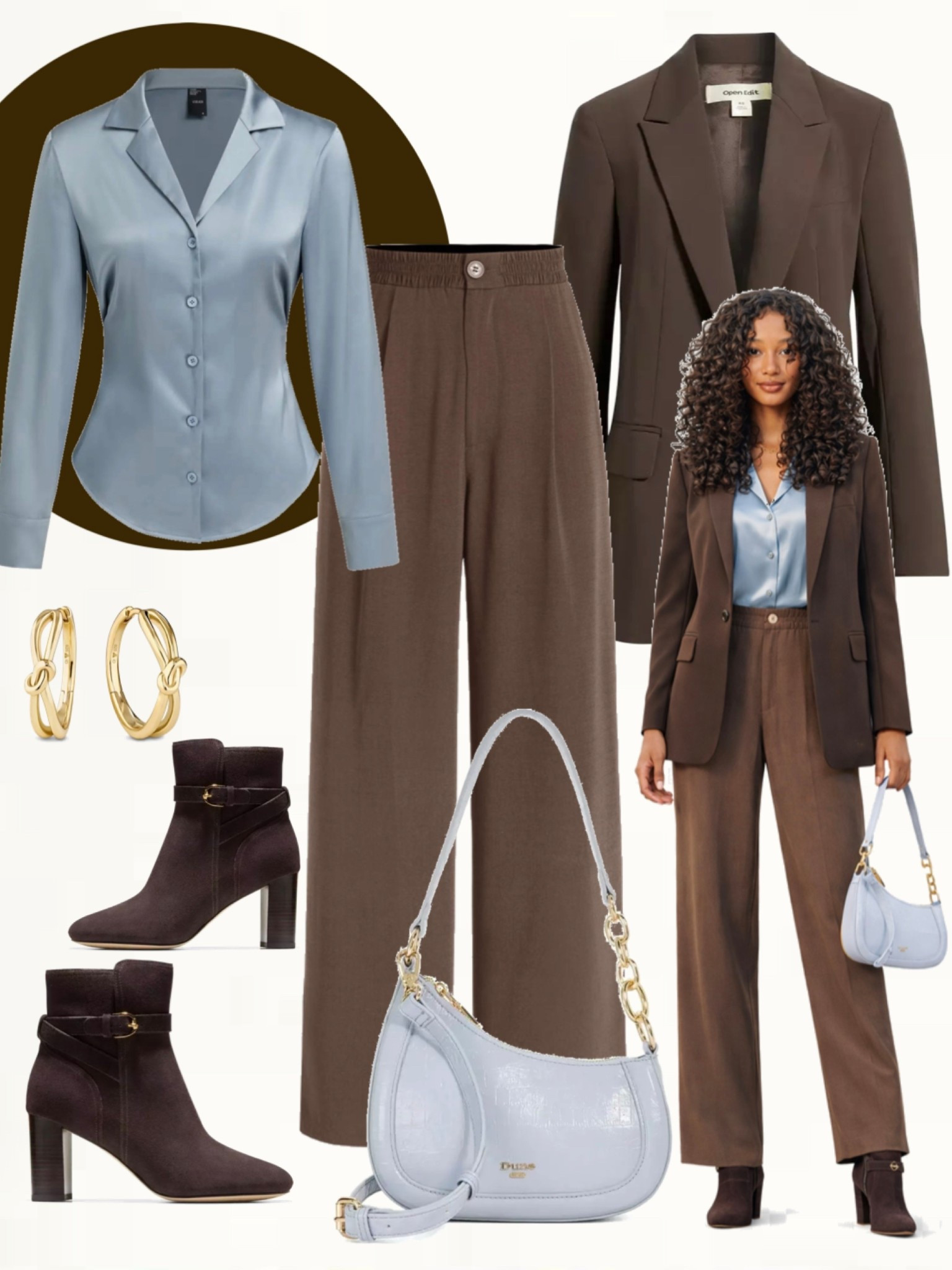 Brown tailored blazer with matching brown relaxed trousers, soft blue satin blouse, dark brown ankle boots, light blue shoulder bag, and gold hoop earrings.
#workwearinspo #springfashion #smartcasual

#LTKootd #LTKOver40 #LTKWorkwear