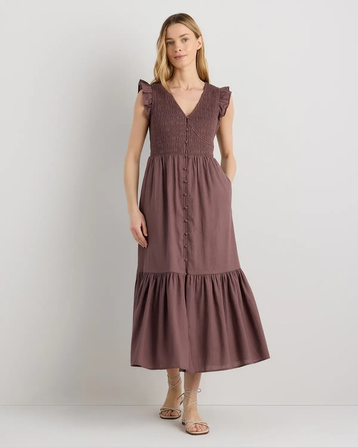 Organic Textured Cotton Smocked V-neck Midi Dress in Taupe Brown | Quince