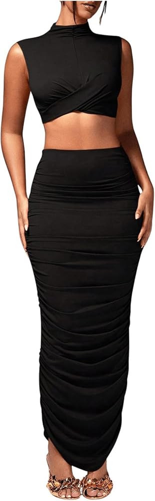 Women's Sexy 2 Piece Outfits Solid Mock Neck Criss Cross Crop Top Tank Top and Ruched Maxi Skirt ... | Amazon (US)