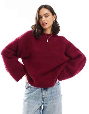 ASOS DESIGN fluffy wide sleeve knitted jumper in burgundy | ASOS (Global)