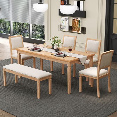6-Piece Extendable Dining Table Set with Bench and 4 Upholstered Dining Chairs, Rustic Oak Dining Set with Wood Frame for Dining Room - Panipeachy | Target