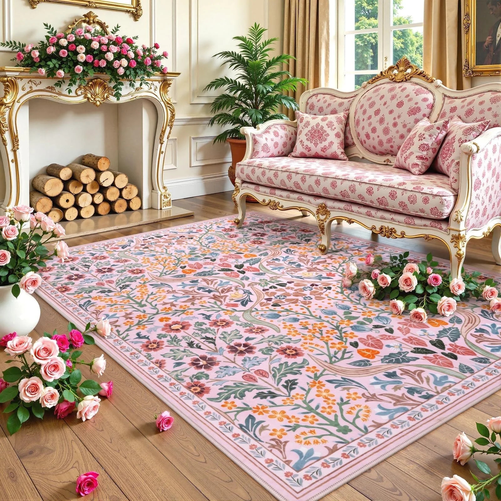 Lahome Floral 8'x10' Area Rugs for Living Room, Washable Large Pink Bedroom Rug 8x10, Non Slip Ul... | Walmart (US)