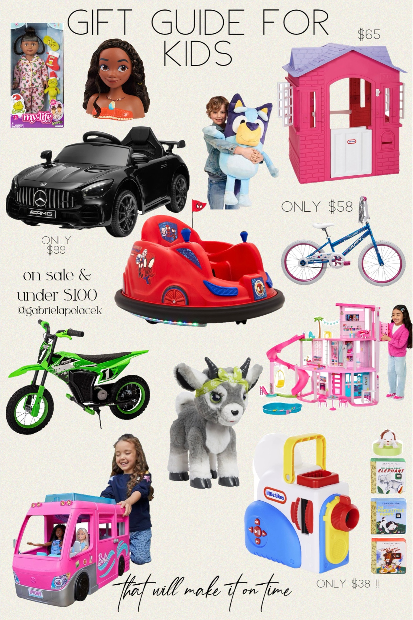 Gift guide for little kids - gifts that will make it on time ! Christmas gift idea for kids.

UBesGoo 12V Licensed Mercedes-Benz Electric Ride on Car Toy for Toddler Kid w/ Remote Control, LED Lights, Black | Little Tikes Story Dream Machine Starter Set, Toy Gift for Toddlers Kids Girls Boys | Barbie Doll DreamCamper Van Playset with Pets, Pool, Slide & Accessories | Little Tikes Cape Cottage House, Pink - Pretend Playhouse | Adventure Force 12V Electric Dirt Bike, Kids Battery Powered Ride On | furReal Daisy the Yoga Goat Interactive Toy | Marvel Spidey 6V Bumper Car Ride on Toy | Barbie Dreamhouse Pool Party Doll House and Playset with 75+ Pieces | Huffy 20" Sea Star Bicycle, for Kids Ages 5-12 Years, Streamers | Bluey My Size Bluey, 3ft Plush | Disney Princess Moana Styling Head, 14-pieces, Pretend Play 

#LTKFindsUnder100 #LTKGiftGuide #LTKKids