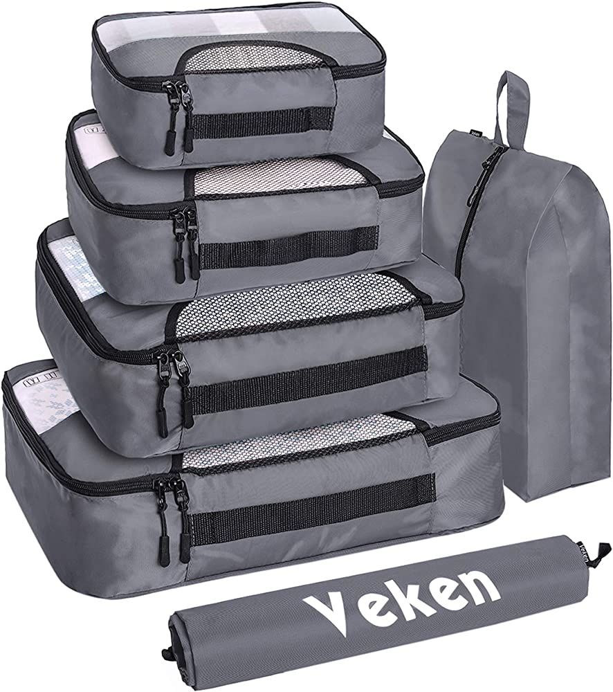 Veken 6 Set Packing Cubes, Travel Luggage Organizers with Laundry Bag & Shoe Bag (Gray) | Amazon (US)