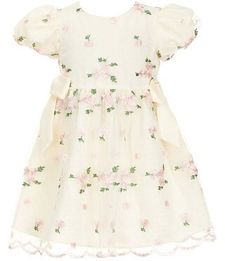Little Girls Puffed-Sleeve Dotted/Floral-Embroidered Fit-And-Flare Dress | Dillard's