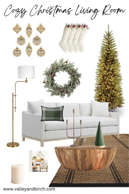 A cozy Christmas living room mood board.  This linen sofa, wood coffee table and jute rug and the perfect neutral backdrop for a pop of green this Christmas!  A simple tree, wreath, knit stockings and mercury glass ornaments add to the cozy but sophisticated vibe.
#cozychristmas #neutralchristmas #christmasdecor

#LTKHoliday #LTKSeasonal #LTKhome