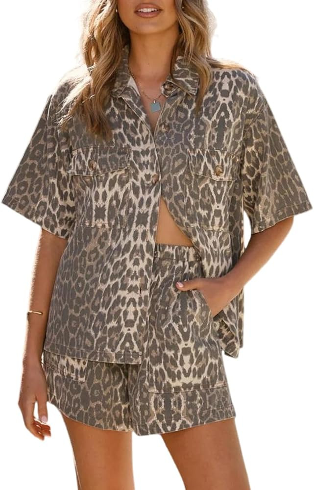 yoeasy Women's Summer Denim 2 Piece Outfits Short Sleeve Button Down Shirt Drawstring Shorts Set ... | Amazon (US)