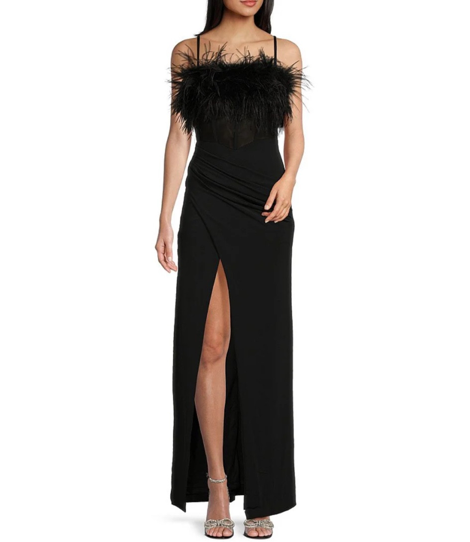 Dear Moon feathered slit gown
Dillards dress sale
Rehearsal dinner guest
Wedding guest dress
Event dress
Black formal gown

#LTKWedding #LTKSaleAlert #LTKParties