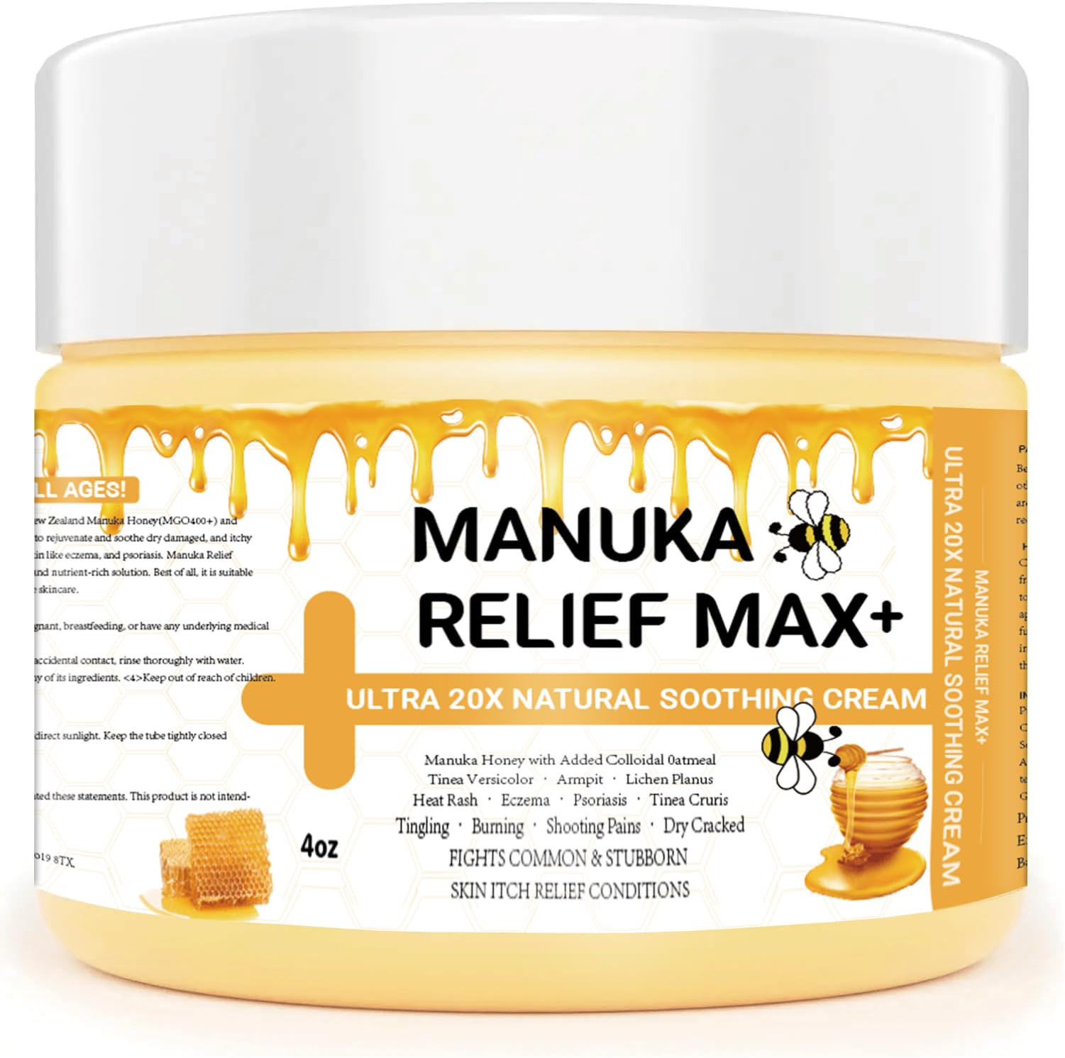 Max Strength Treat Natural Organic Manuka Honey Cream Ointment, Soothing Relief for Dry, Heat Rash, Itching, Eczema, Psoriasis, Leg, Stomach, Armpit, Foot, Hand, Irritated Skin For All Ages | Amazon (US)