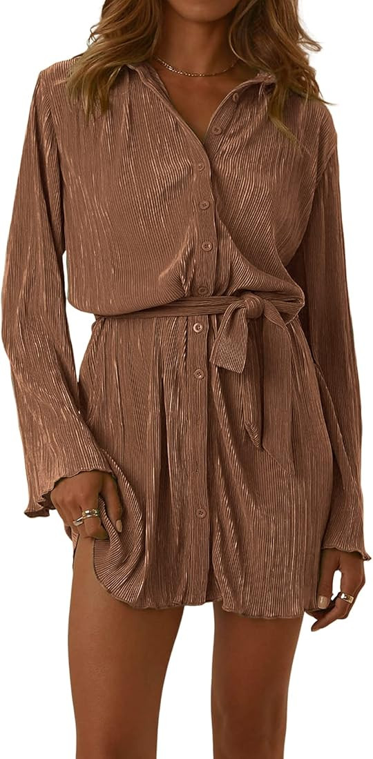 Womens Collar V Neck Button Down Pleated Long Sleeve Mini Ahirt Dress With Belt | Amazon (US)