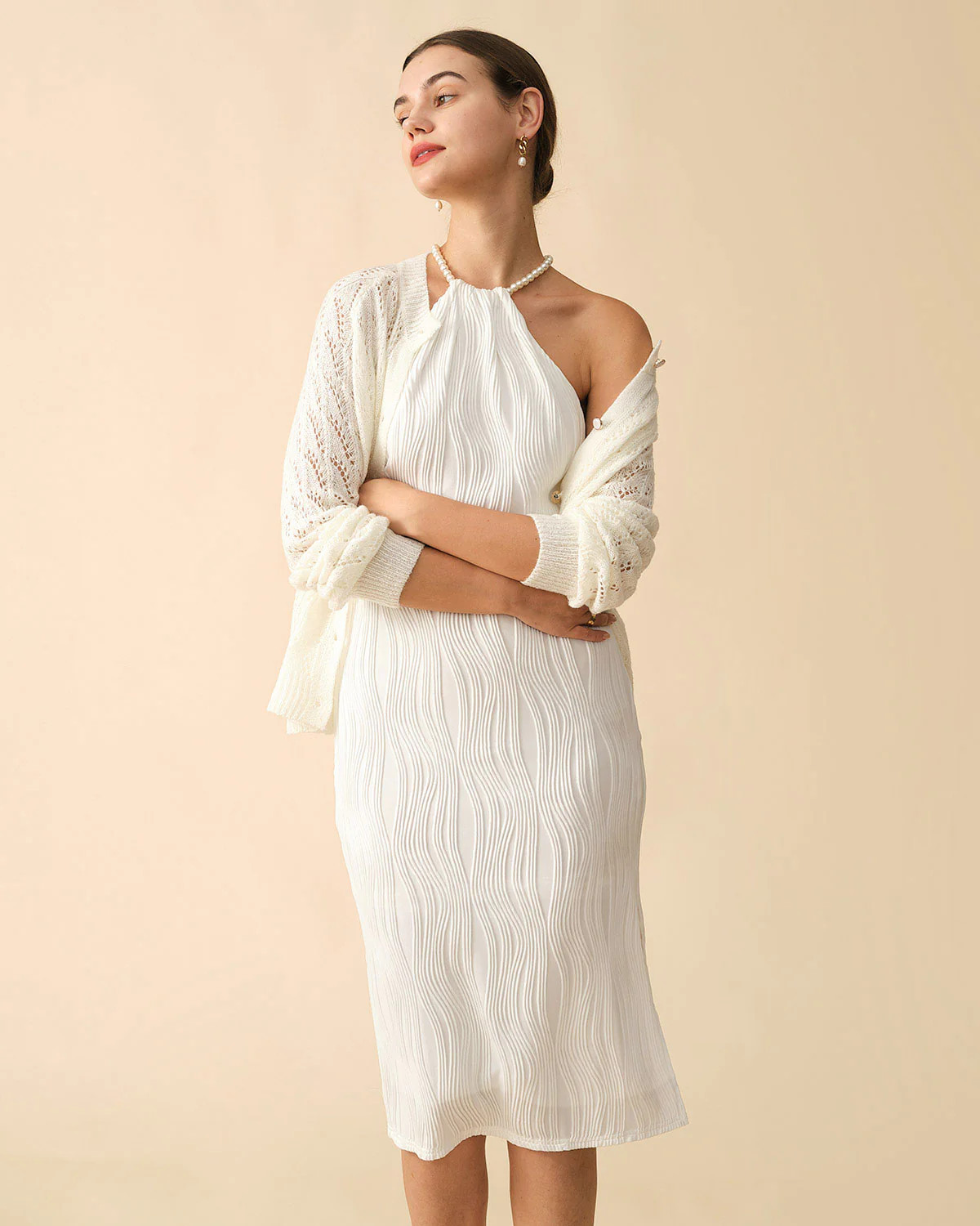 The Water Ripple Textured Pearl Halter Dress | rihoas.com