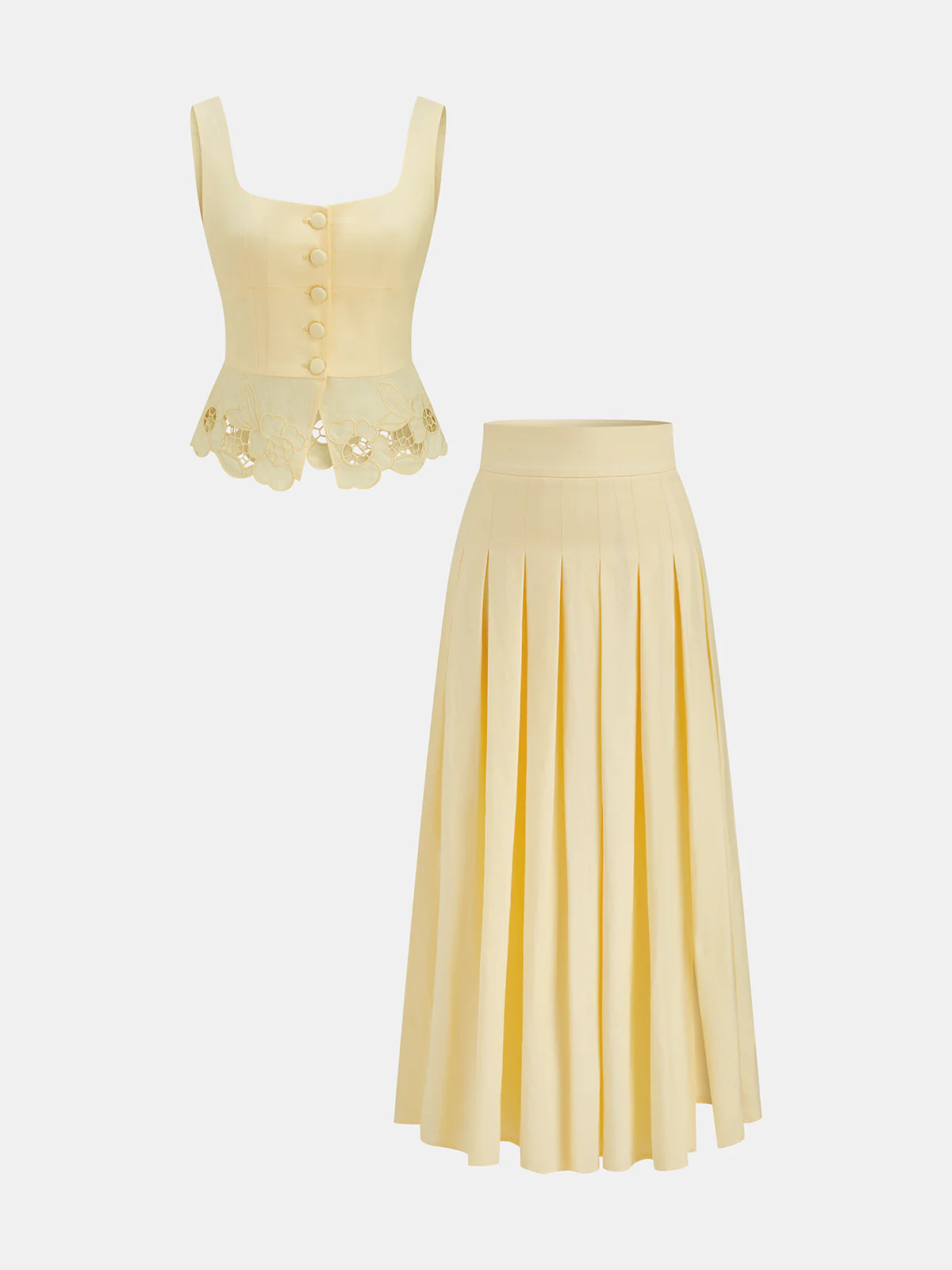 Linen Blend Embroidered Top & Pleated Skirt Set | Commense