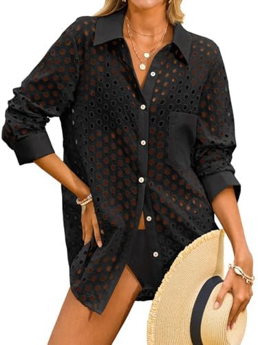 Fisoew Womens Hollow Out Swimsuit Coverup Shirt Button Down Bathing Suit Cover Ups Beachwear | Amazon (US)