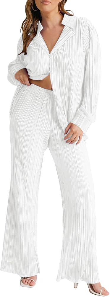 KOLAOYEP 2 Piece Outfits for Women Wide Leg Pants Sets Casual Long Sleeve Button Down Shirt Solid... | Amazon (US)