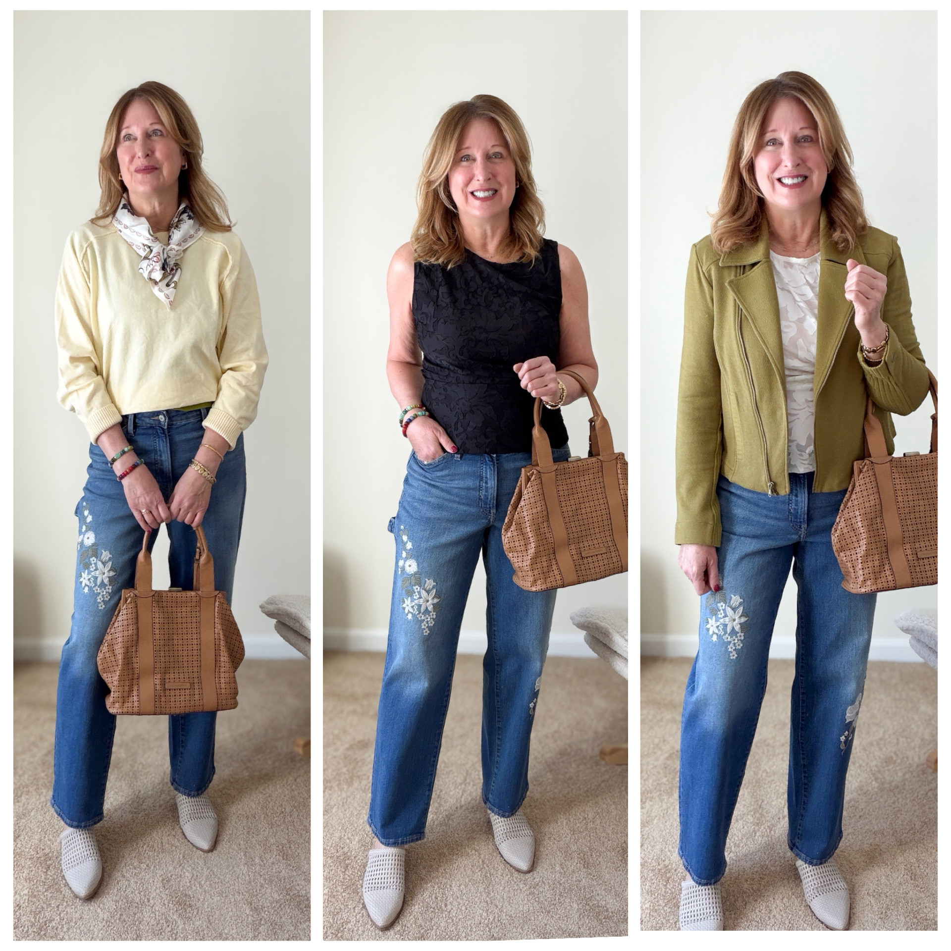 Casual jeans look, embroidered denim, jacquard tank top in black and white 

 #LTKootd #LTKSeasonal #LTKOver40