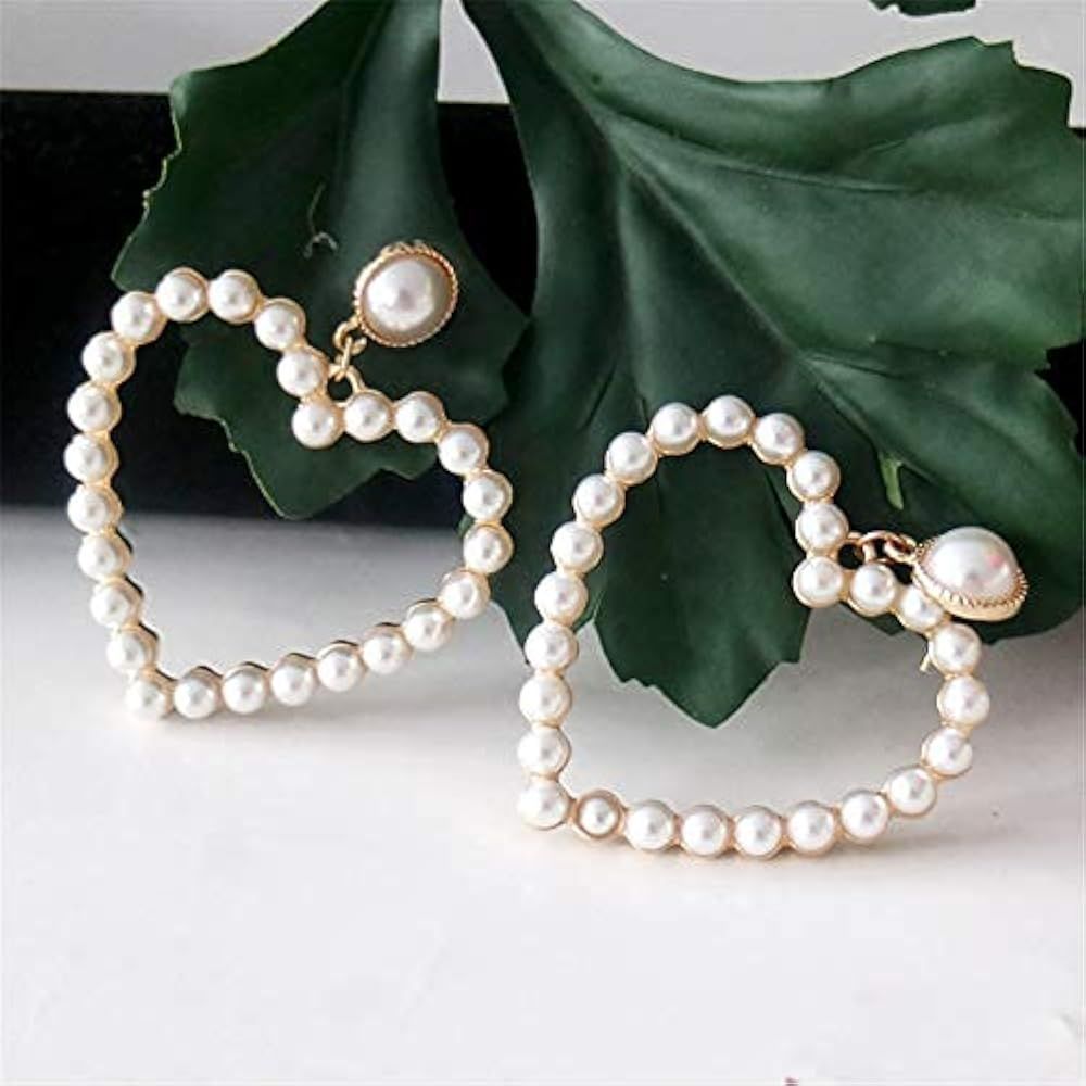Pearl Heart Hoop Dangle Earrings Imitation Pearl Love Heart Earrings Circle Beaded Loop Drop Earring | Amazon (US)