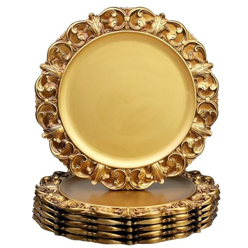 Leemxiiny 13" Antique Gold Charger Plates, Set of 6 Plastic Textured Chargers for Dinner Plates with Embossed Rim, Table Décor, Party, Wedding, Holiday | Amazon (US)