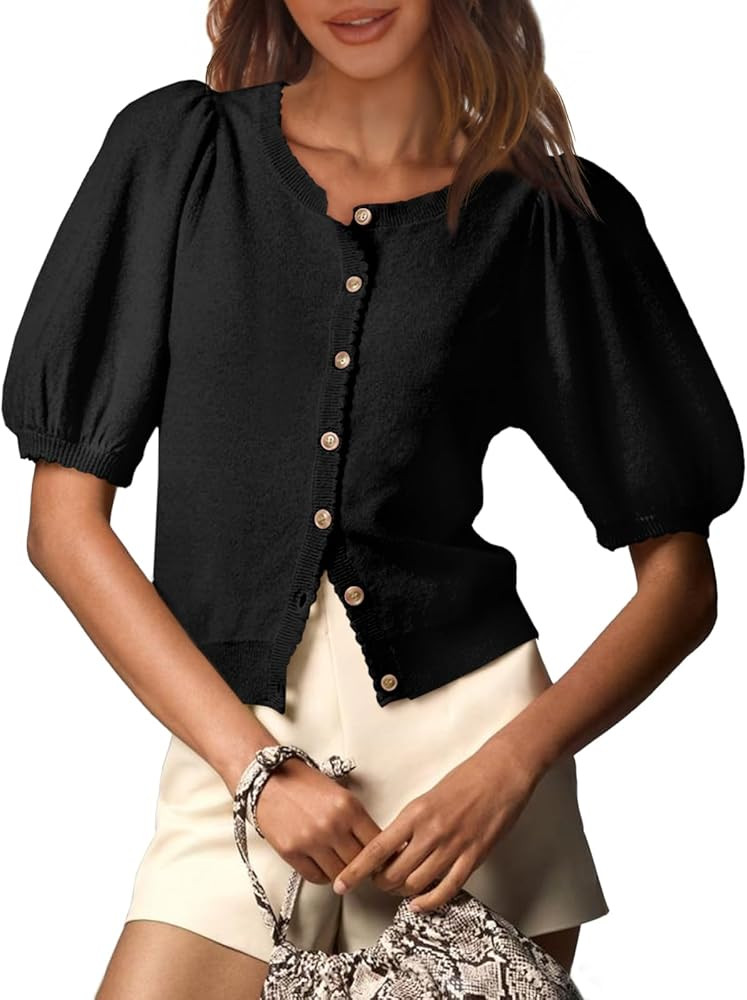 Saodimallsu Womens Puff Short Sleeve Cardigan Lightweight Summer Button Down Shirts Knit Crew Nec... | Amazon (US)