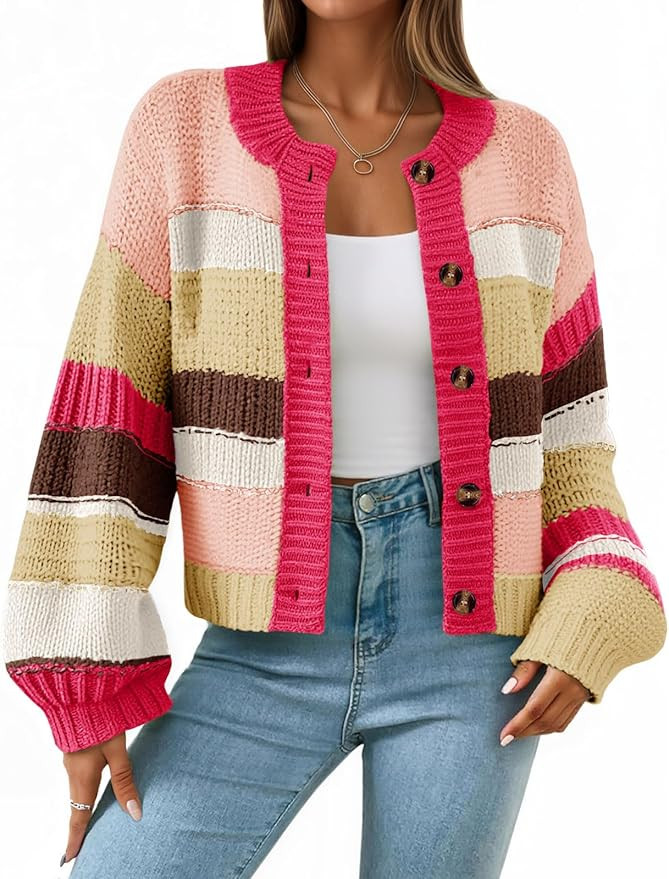 Saodimallsu Womens Striped Chunky Cardigan Sweaters Button Up Fall Trendy Color Block Long Sleeve... | Amazon (US)