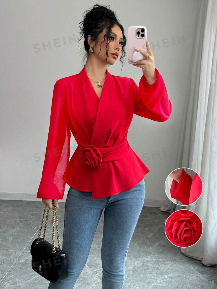 Elenzga Franse elegante elegante dagelijkse mode veelzijdige V-hals kruis geplooide 3D bloemen bl... | SHEIN