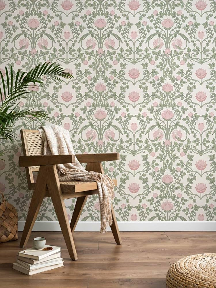 YXTII Floral Wallpaper Peel and Stick - 393.7" \u00d7 17.3" Pink and Green Wallpaper for Bedroom ... | Amazon (US)